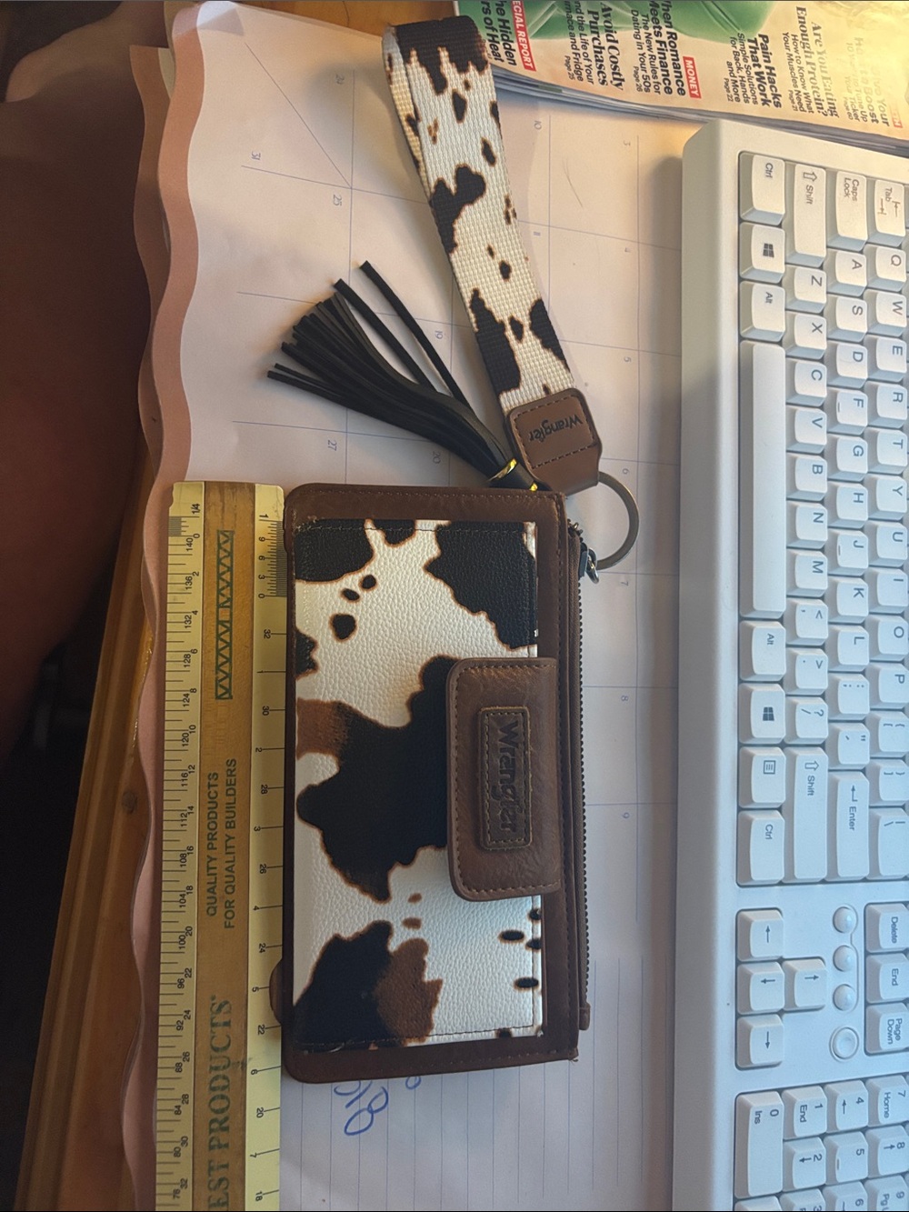 Wrangler Brown and White Cowhide Print Wristlet Wallet with Tassel